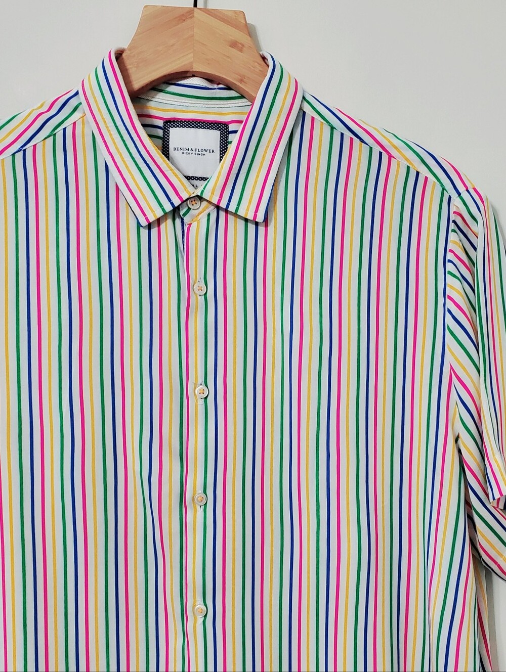 Denim & Flower Rainbow Stripe Short Sleeve Button Down Shirt Mens Large - Picture 2 of 6